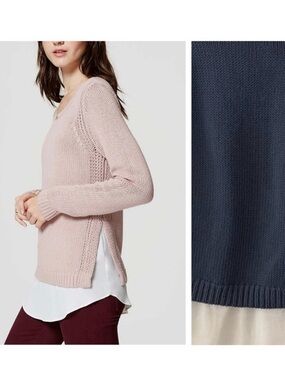 LOFT Long Sleeve Faux Layered Mixed Media Chunky Knit Sweater/Tunic, Blue/Cream